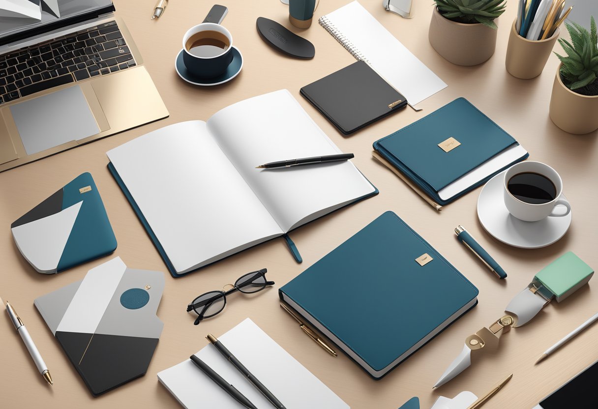 A group of sleek, modern corporate gifts arranged on a table, including personalized notebooks, high-quality pens, and stylish desk accessories