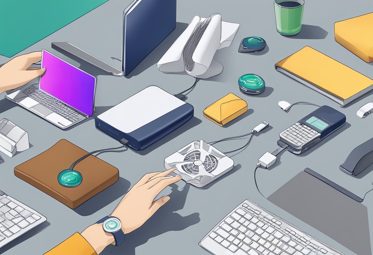 A hand reaches for a sleek USB fan among various corporate gifts on a table