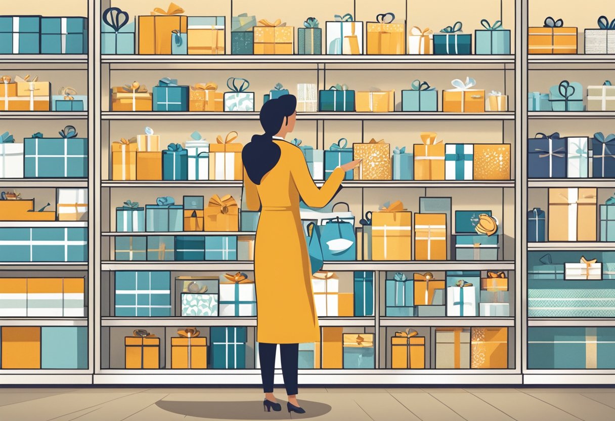 A person stands in front of a display of corporate gifts, carefully selecting items for their company's clients. The shelves are filled with branded merchandise and elegant gift options