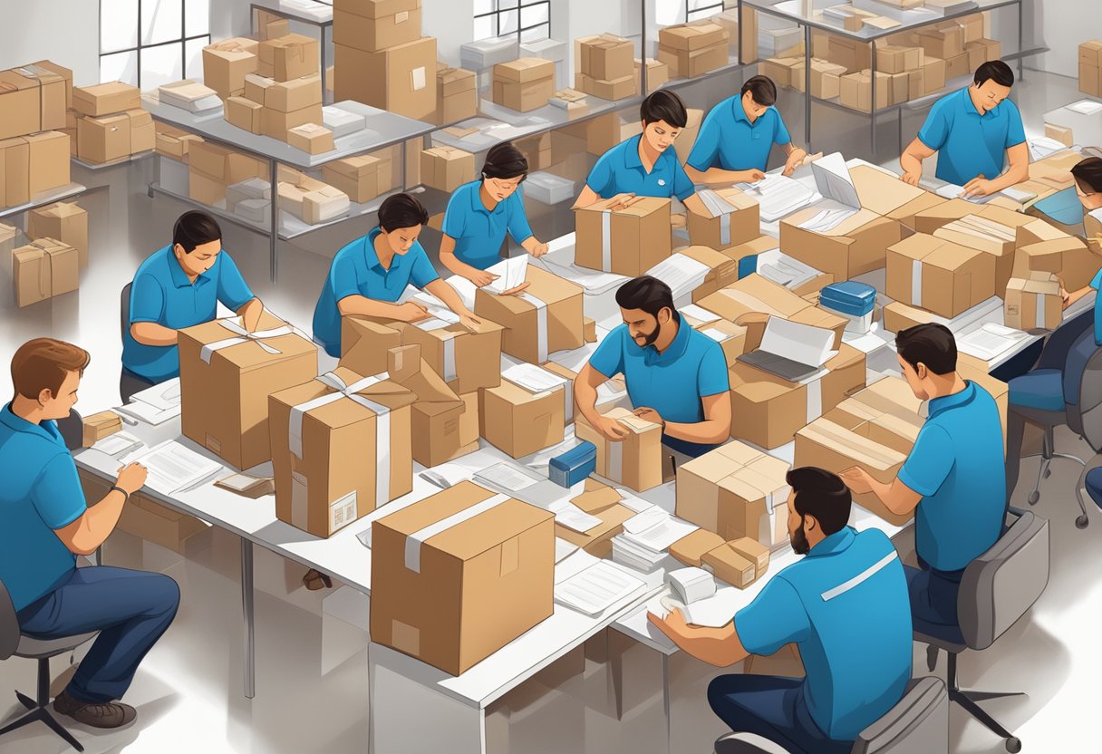 A table filled with branded gifts, boxes, and shipping labels, with a team of workers organizing and packing items for corporate board members