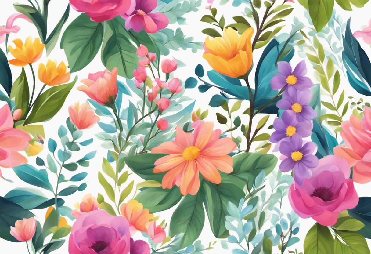 A tote bag with a vibrant print of colorful flowers and leaves against a white background