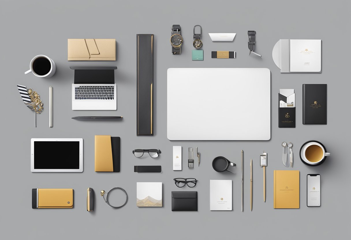 A consultant presents corporate gift options on a sleek, modern desk. Various items are neatly arranged, including branded merchandise and elegant accessories