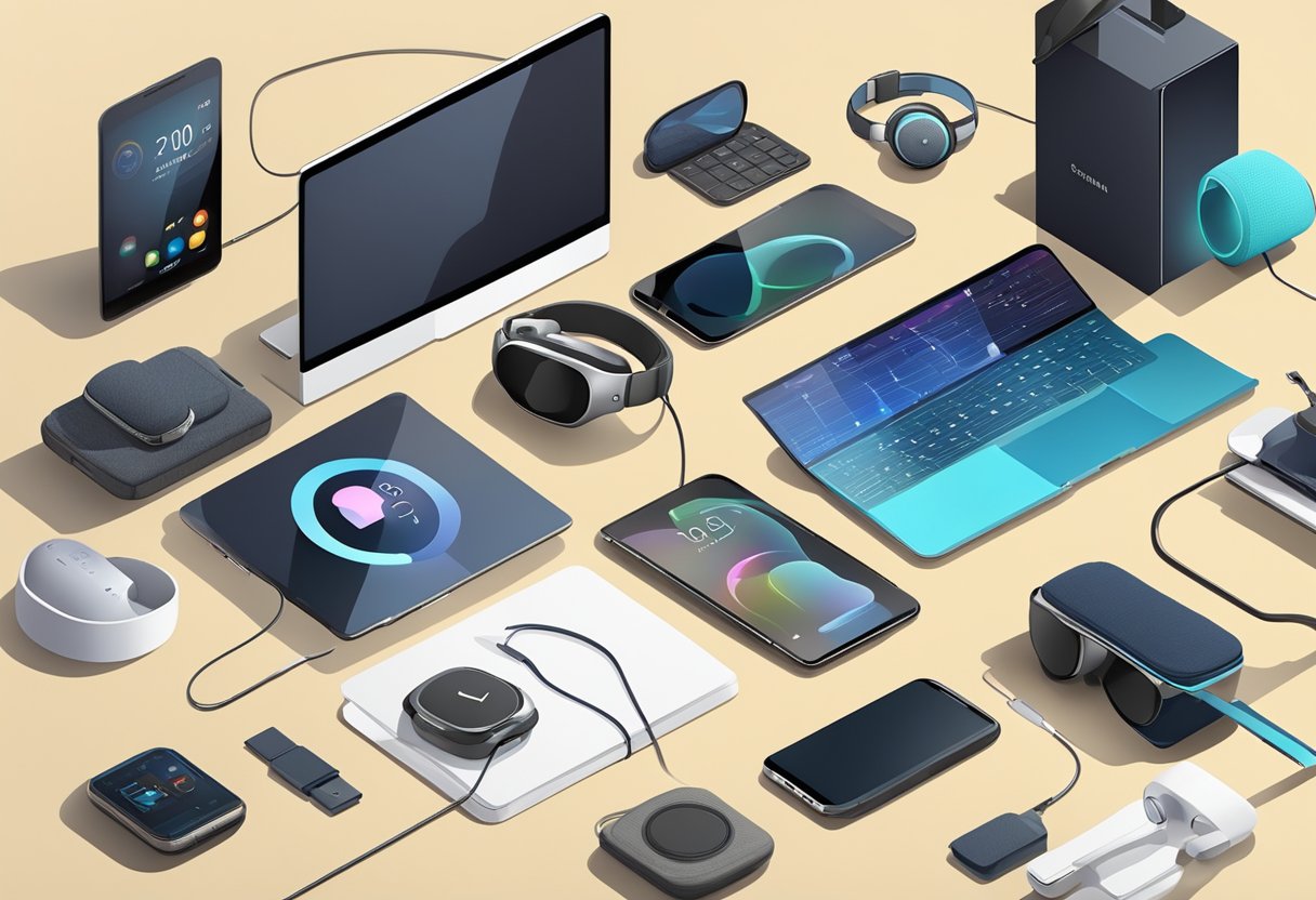 A table with various electronic corporate gifts displayed, including headphones, speakers, and smartwatches