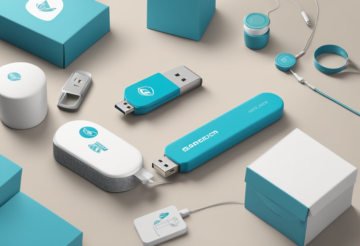 A branded USB fan sits on a sleek desk next to a stack of corporate gift boxes, ready for distribution. The company logo is prominently displayed on the fan