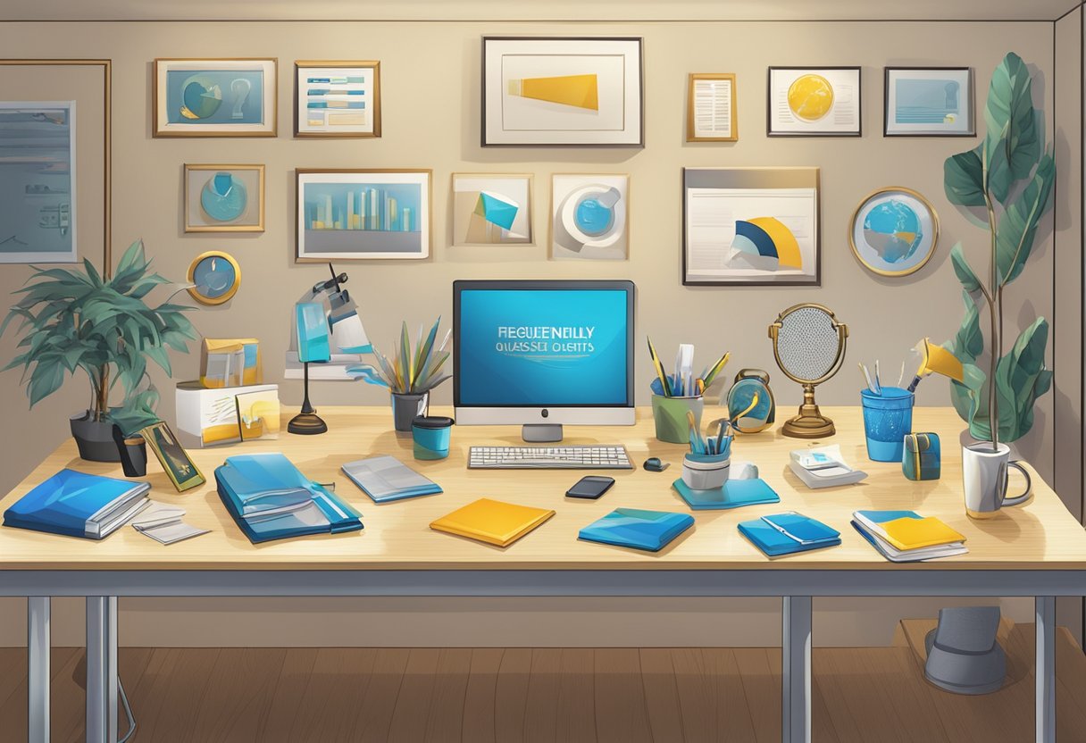 A table with various corporate gifts: plaques, pens, and trophies. A sign with "Frequently Asked Questions" on the wall