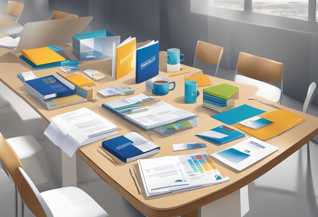 A table with branded merchandise, brochures, and promotional items displayed at a corporate conference