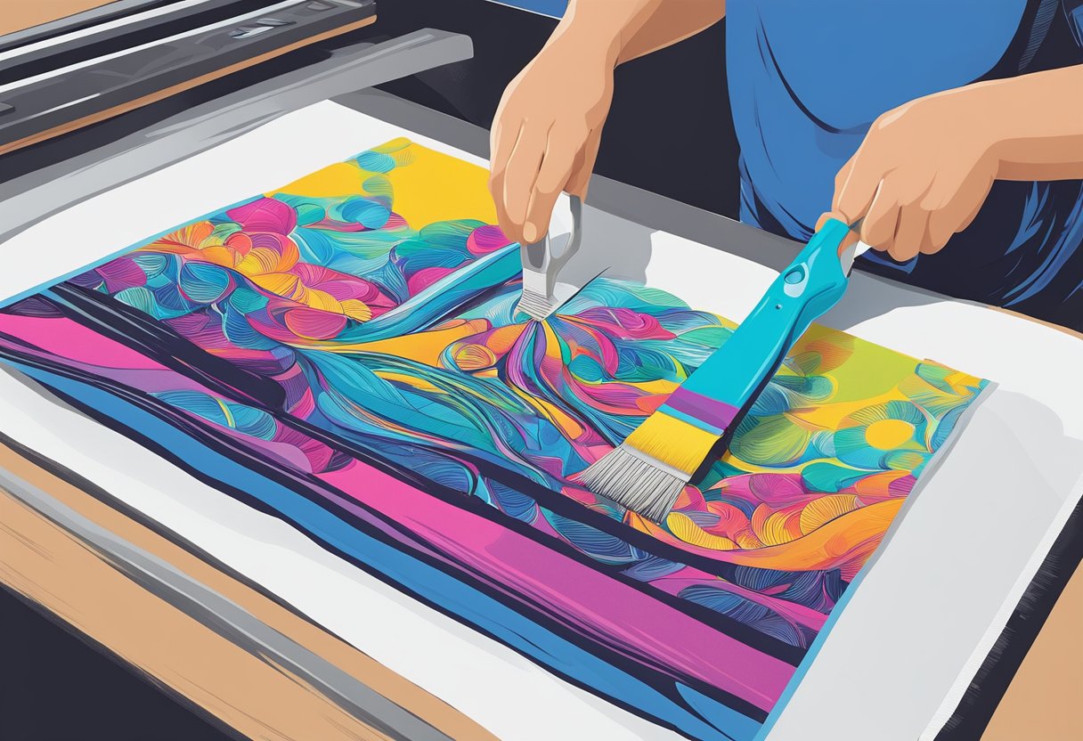 A tote bag being screen printed with a colorful design using a squeegee and ink