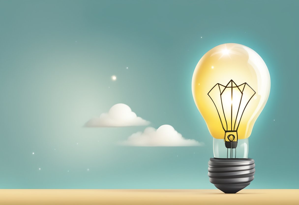 A bright lightbulb-shaped balloon with a corporate logo floats in a festive atmosphere