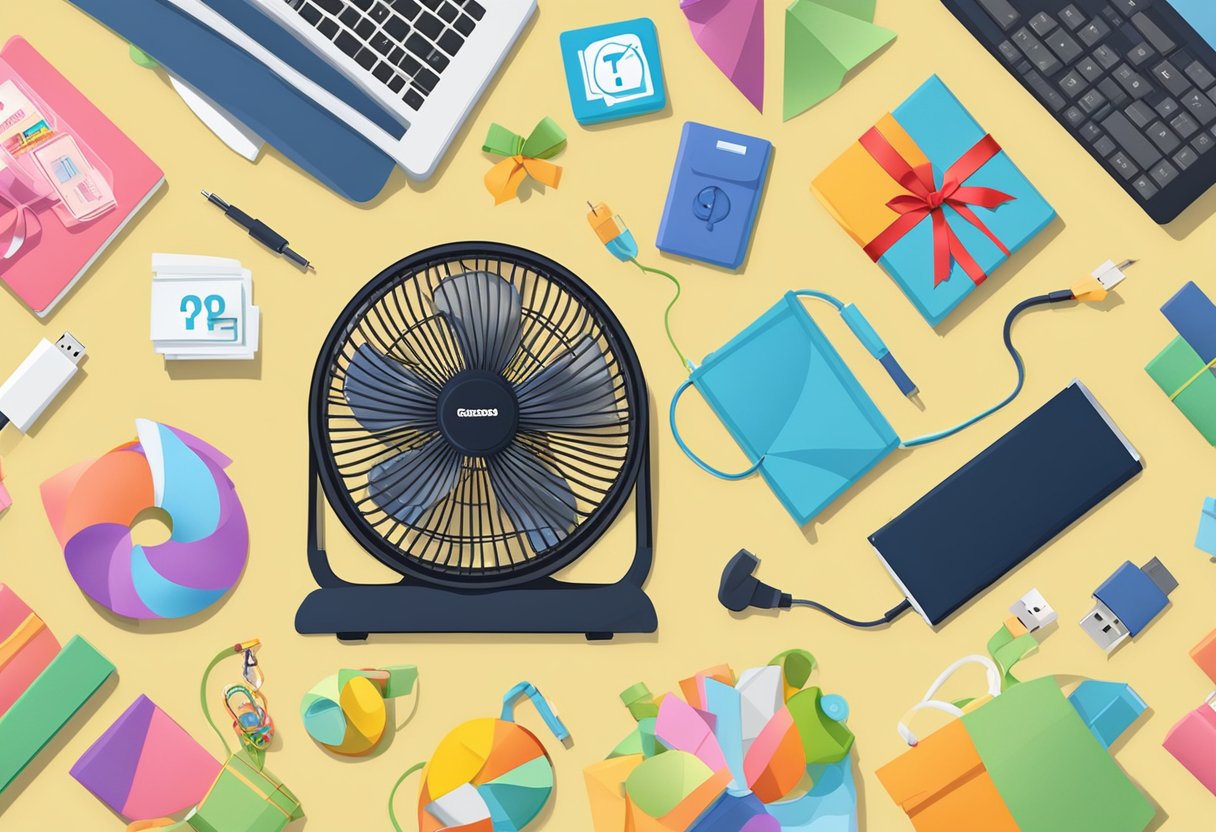 A USB fan surrounded by corporate gifts, with a "Frequently Asked Questions" sign nearby