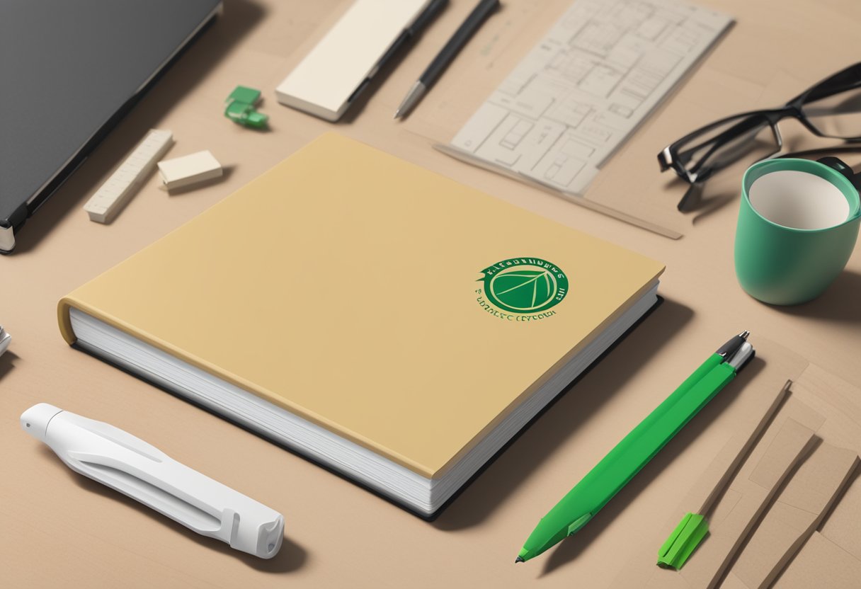 A sleek eco-friendly notebook with a corporate logo sits on a desk, surrounded by sustainable office supplies