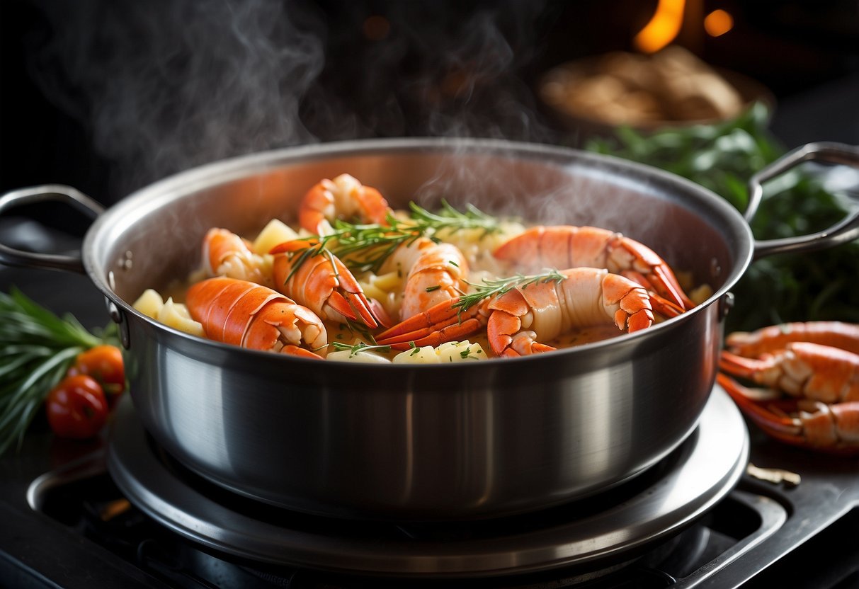 A pot boiling on a stove, with lobster claws being dropped in. Ingredients like garlic, butter, and herbs scattered around