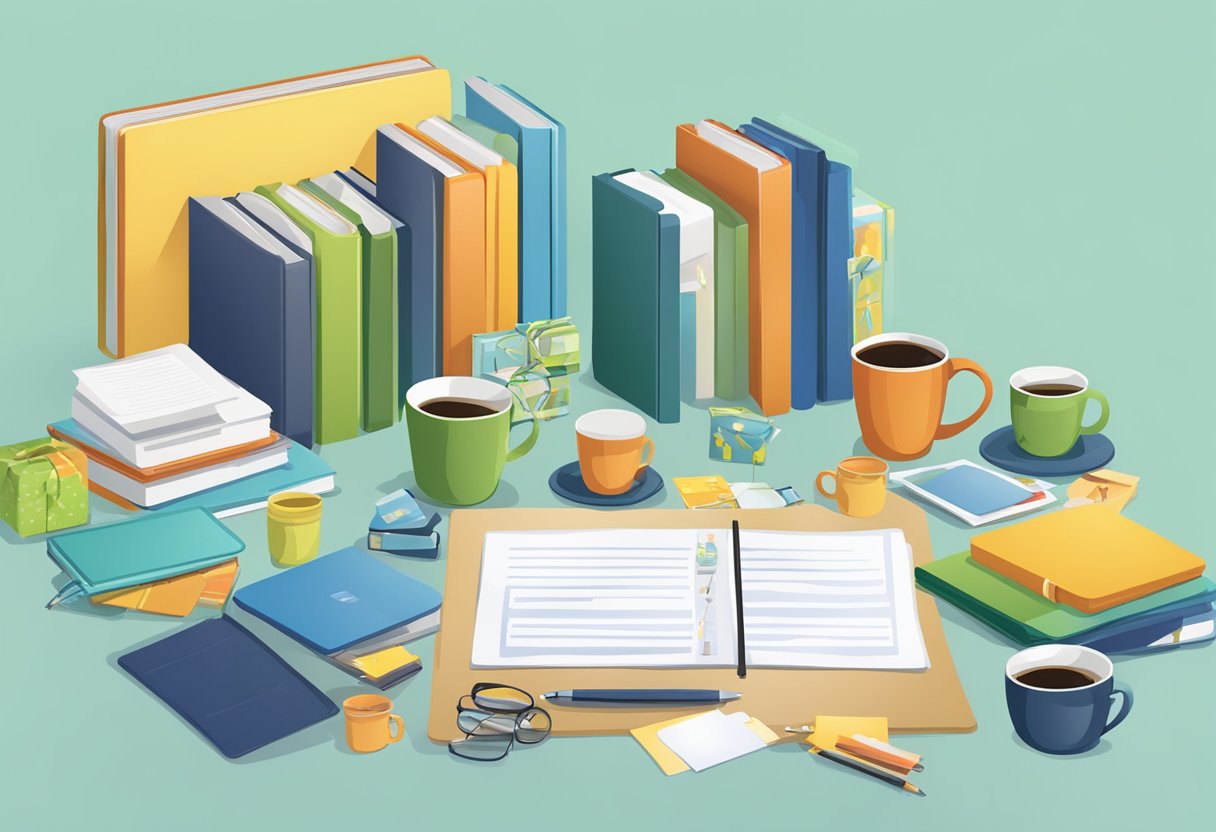 A table with various corporate gifts such as mugs, notebooks, and gift cards displayed with a sign reading "Frequently Asked Questions cool corporate gifts for employees."