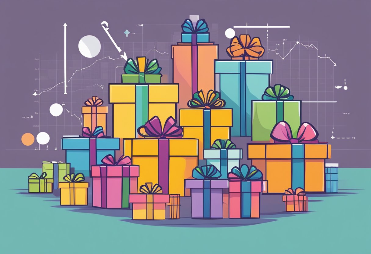 A group of gift boxes arranged in a neat display, with varying sizes and colors, surrounded by charts and graphs showing statistics on corporate gift giving