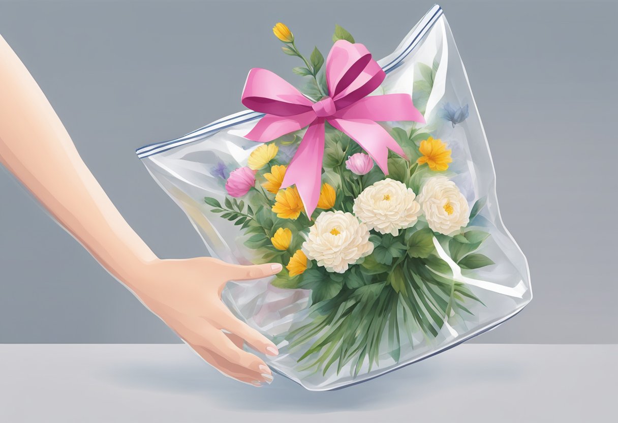 A hand reaches for a clear flower bouquet bag, selecting and customizing it with ribbons and labels