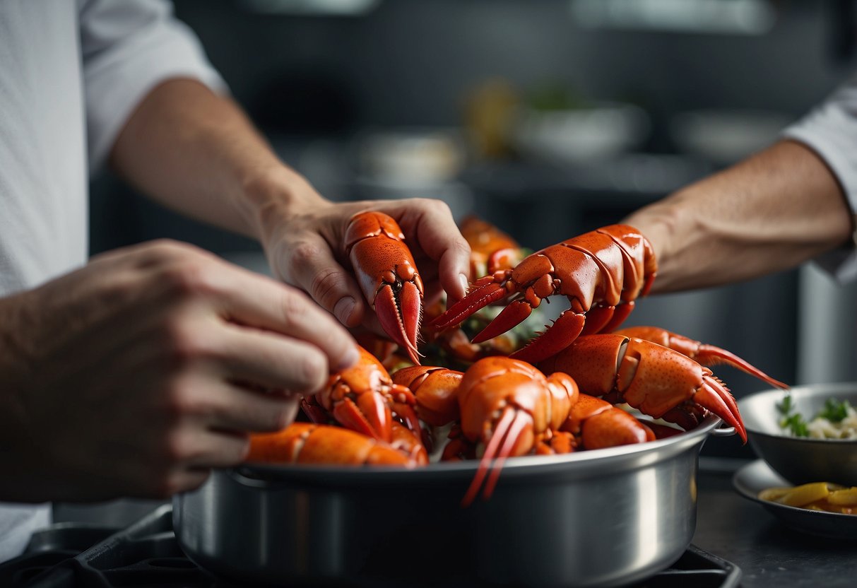A chef selects and prepares fresh lobster claws for a delicious recipe. The claws are carefully cleaned and cracked open, ready to be cooked