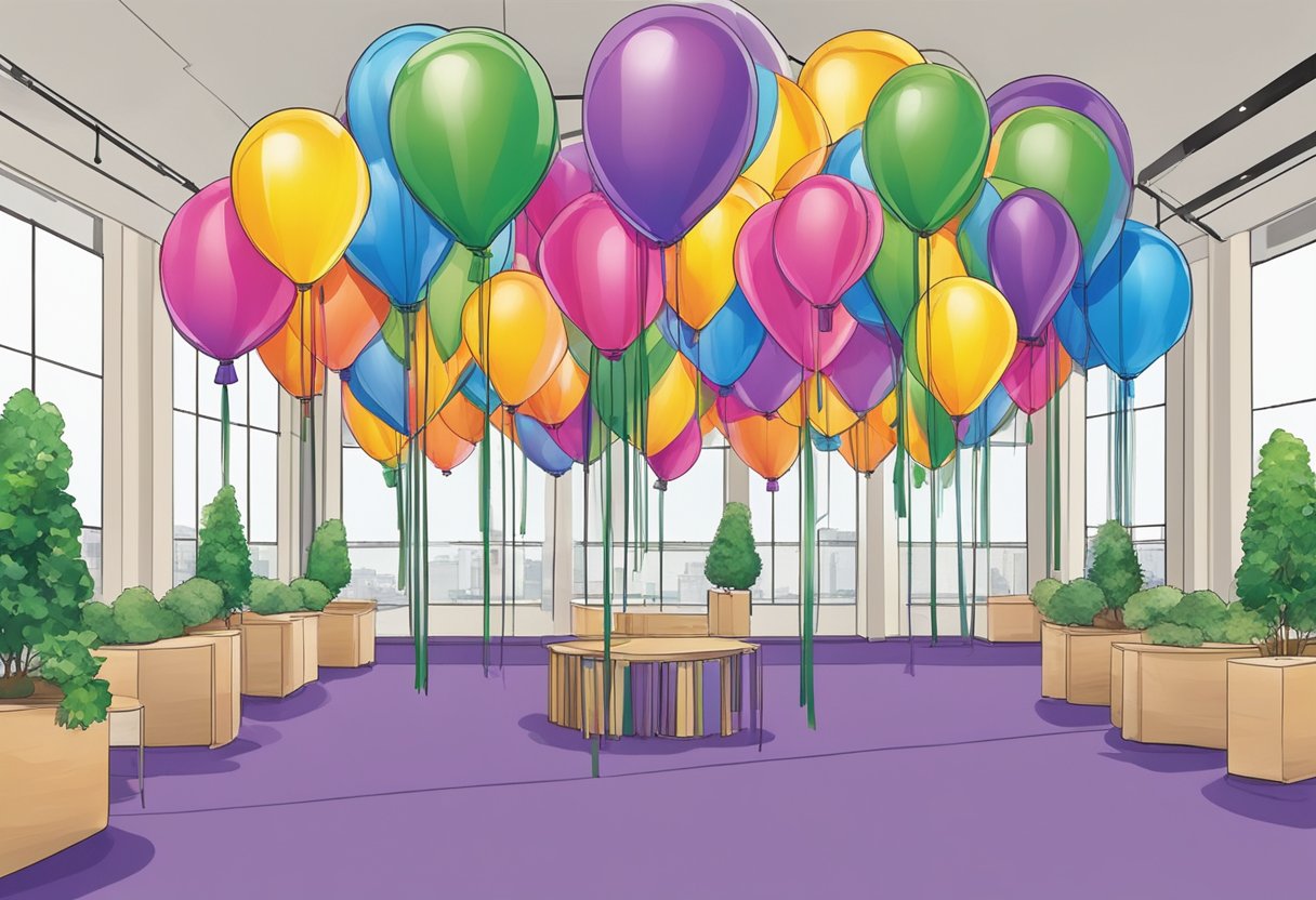Colorful bulb-shaped balloons arranged in a corporate event setting. Logo imprinted on balloons. Decorative ribbons attached