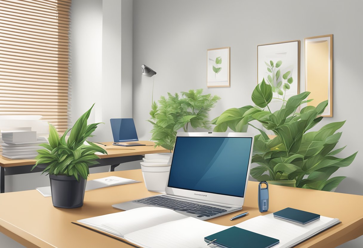 A corporate office desk with a branded eco-friendly notebook, potted plant, and recyclable packaging