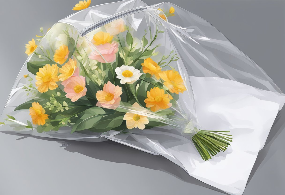 A clear flower bouquet bag is being opened with a FAQ sheet visible inside