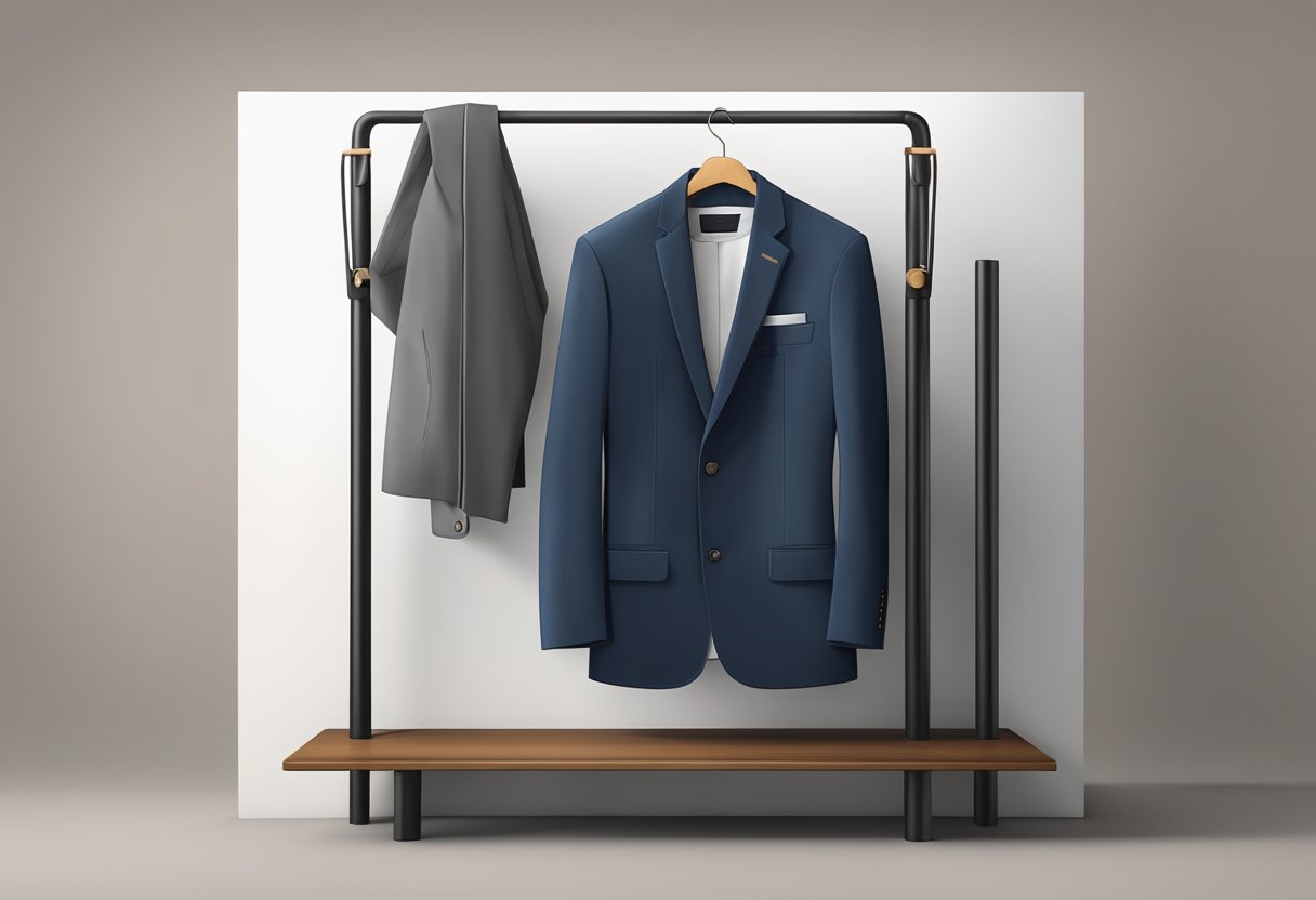 A corporate jacket hangs neatly on a sleek, modern coat rack. The jacket is tailored and professional, with clean lines and a subtle logo on the chest