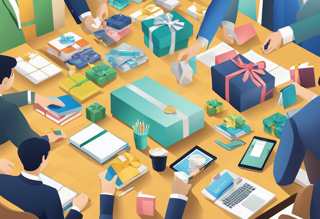 A table filled with branded gifts, surrounded by business professionals exchanging presents