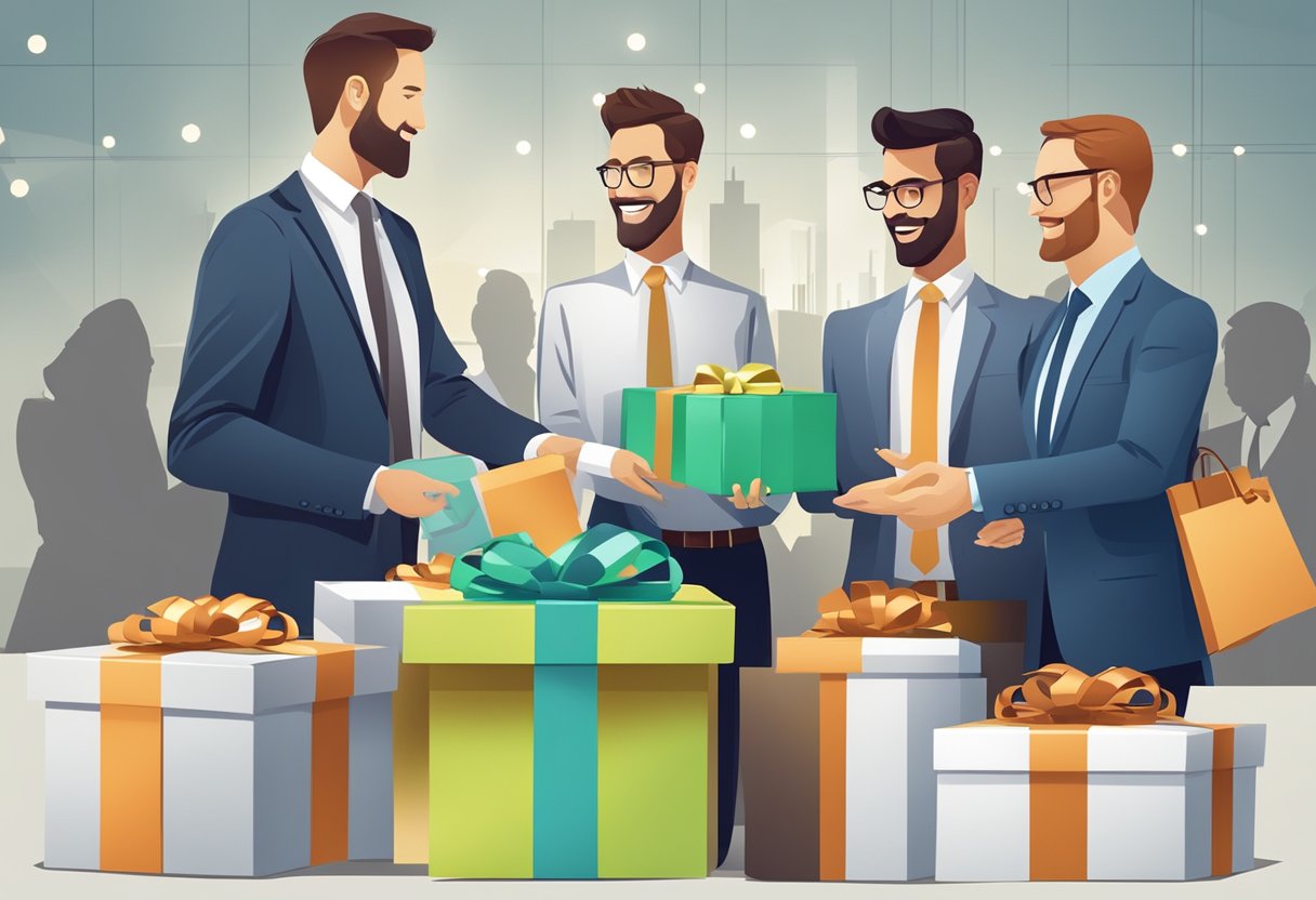 A group of corporate professionals exchanging gift boxes, with statistics and benefits of gift giving displayed in the background