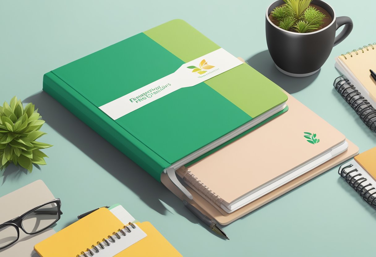A stack of eco-friendly notebooks with "Frequently Asked Questions corporate gift" printed on the cover, surrounded by office supplies and a branded pen