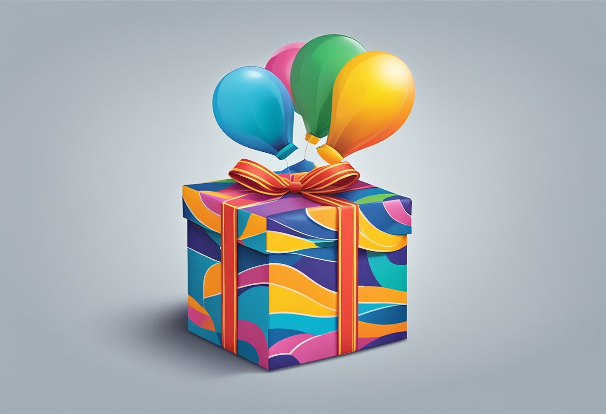 A colorful lightbulb-shaped balloon floats above a corporate gift box. Considerations for size, color, and branding are important