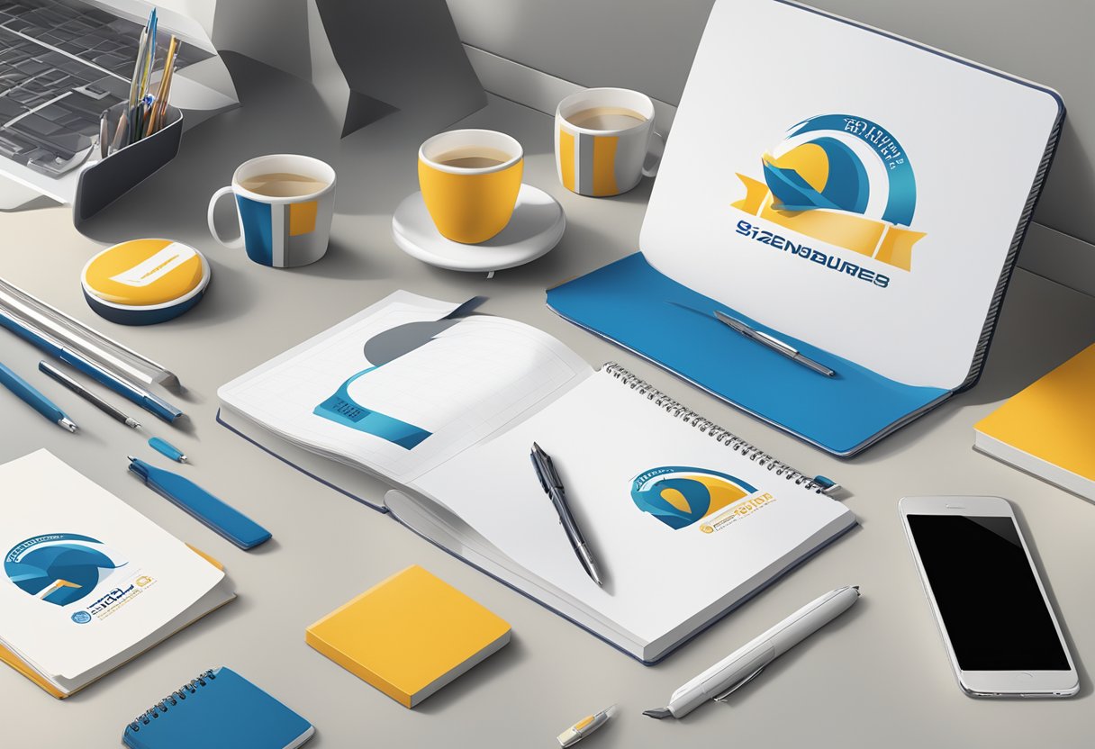 A table adorned with branded merchandise, including mugs, pens, and notebooks. A banner with company logo hangs in the background