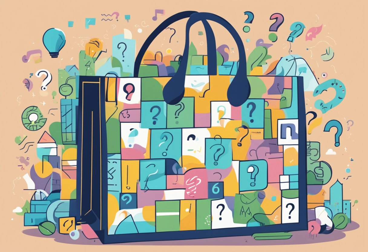 A tote bag with "Frequently Asked Questions" text surrounded by various question marks and symbols