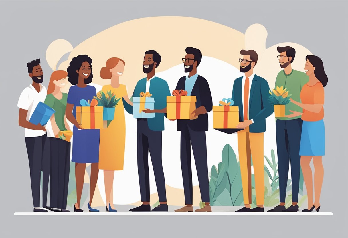 A diverse group of people receiving corporate gifts of various sizes and shapes, expressing joy and gratitude