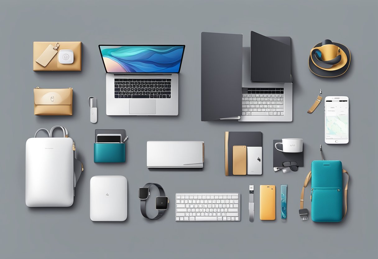 A diverse group of corporate gifts displayed on a table, including tech gadgets, luxury items, and personalized accessories, appealing to a wide range of ages and preferences