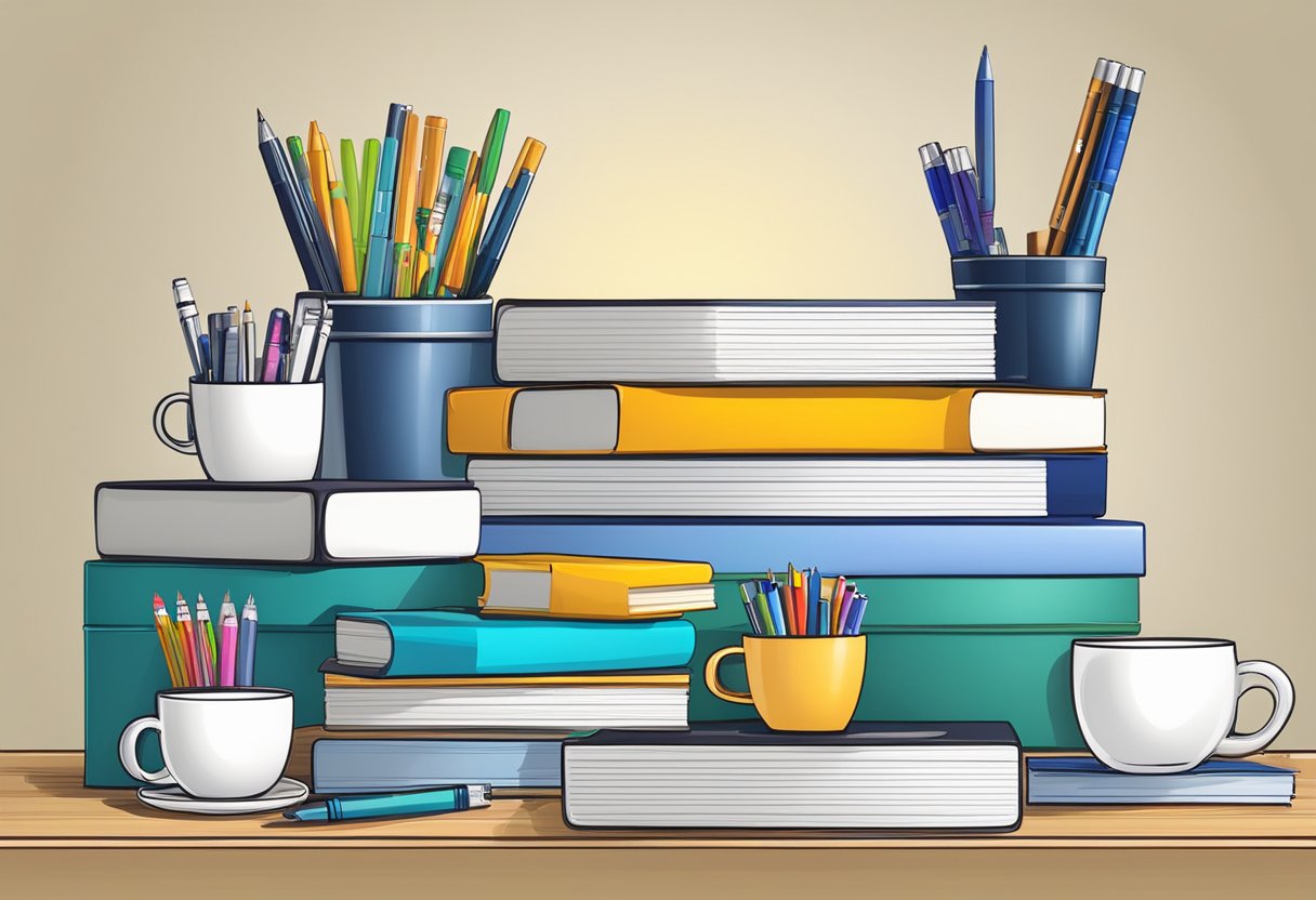A table adorned with branded pens, notebooks, and mugs. A stack of gift boxes with company logos. Bright office setting with professional decor