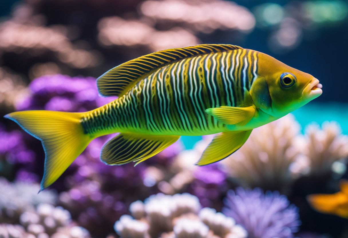 A long dan fish swims gracefully through the crystal-clear waters, its vibrant colors shimmering in the sunlight as it glides effortlessly through the coral reef