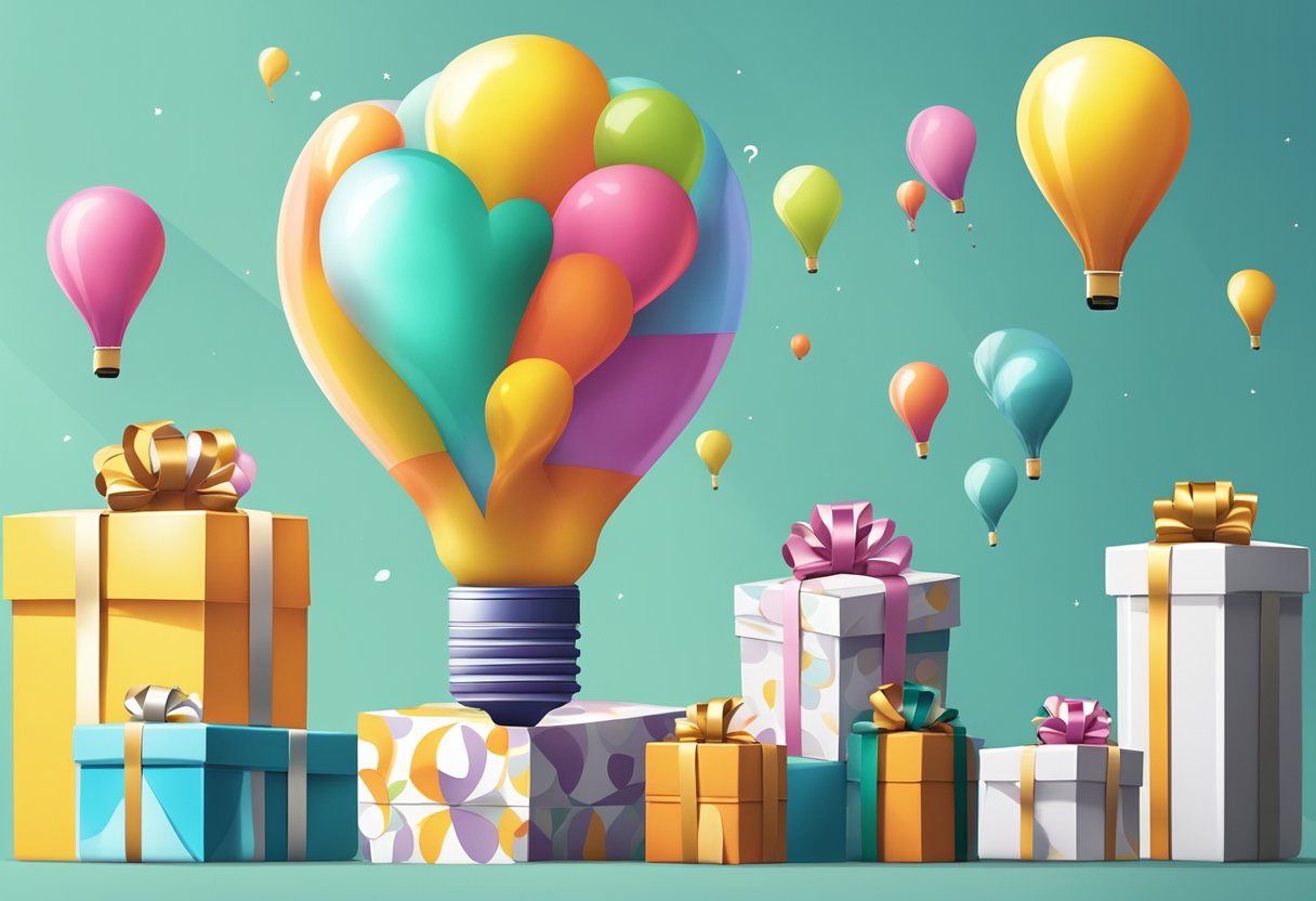 A light bulb-shaped balloon hovers above a stack of corporate gift boxes, with a "Frequently Asked Questions" banner in the background