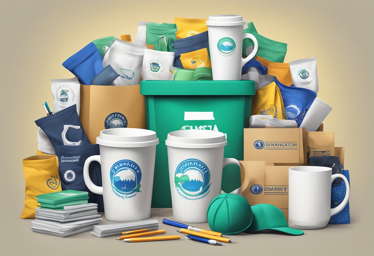 A pile of branded merchandise, including mugs, pens, and tote bags, are stacked beside a donation box with a charity logo