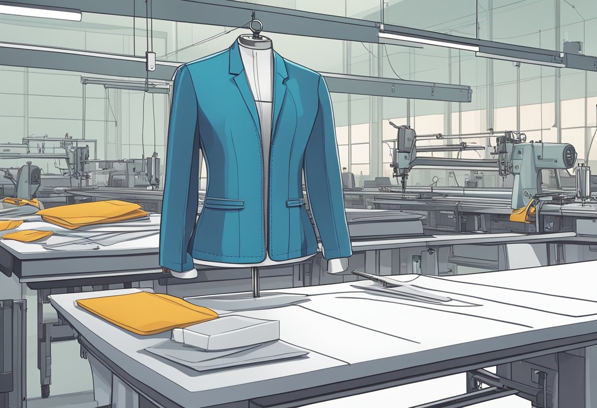 A corporate jacket is being designed in a manufacturing facility, with materials such as fabric, buttons, and zippers laid out on a worktable. Sewing machines and measuring tools are visible in the background