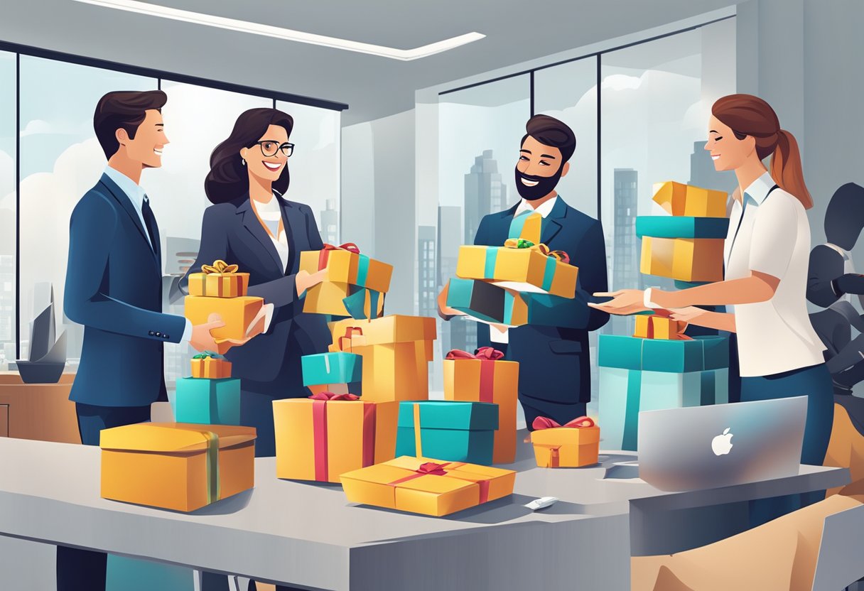 A group of professionals exchanging branded gifts in a modern office setting. Company logos and promotional items are prominently displayed