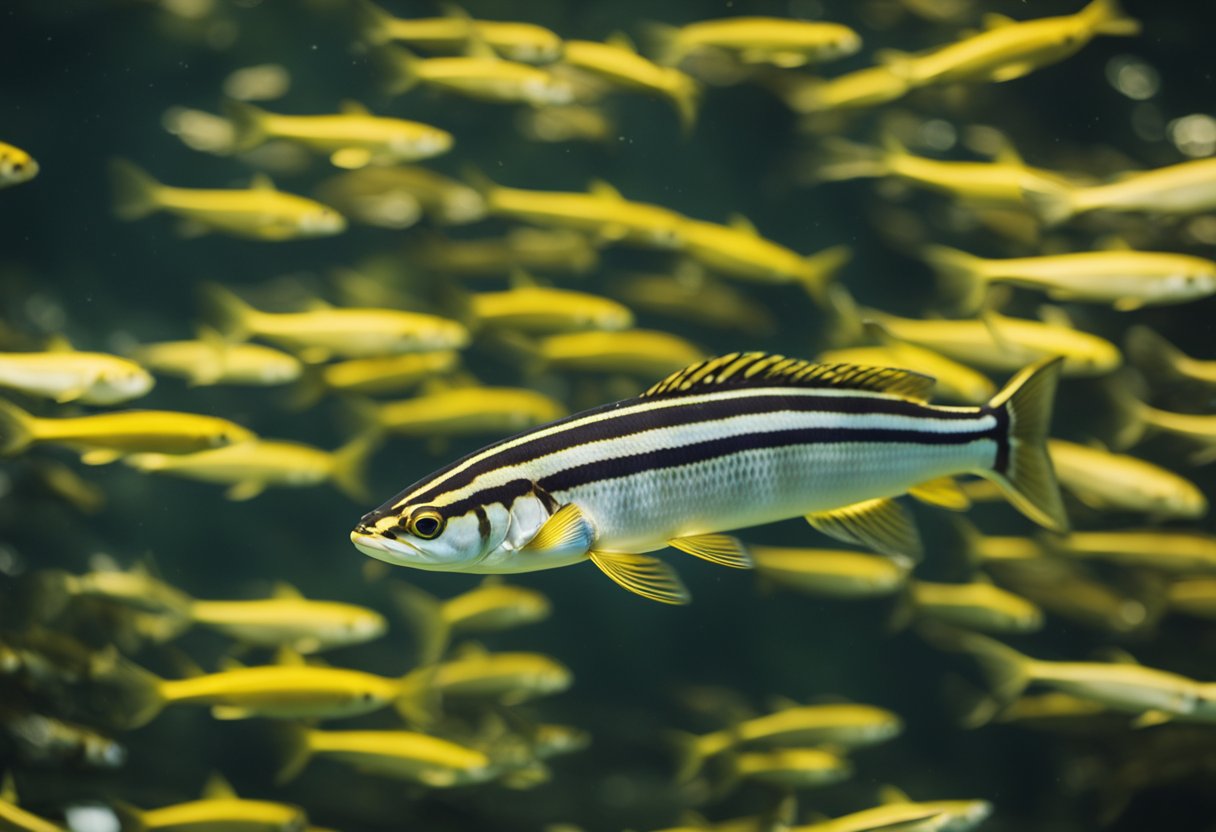 A long dan fish swims gracefully in a clear, freshwater stream, its sleek body glinting in the sunlight. Its distinctive pattern of dark stripes and vibrant yellow fins make it easily identifiable