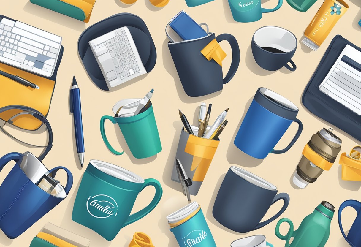 A group of branded corporate gifts, such as pens, mugs, and tote bags, are being distributed by a charity organization to grateful recipients