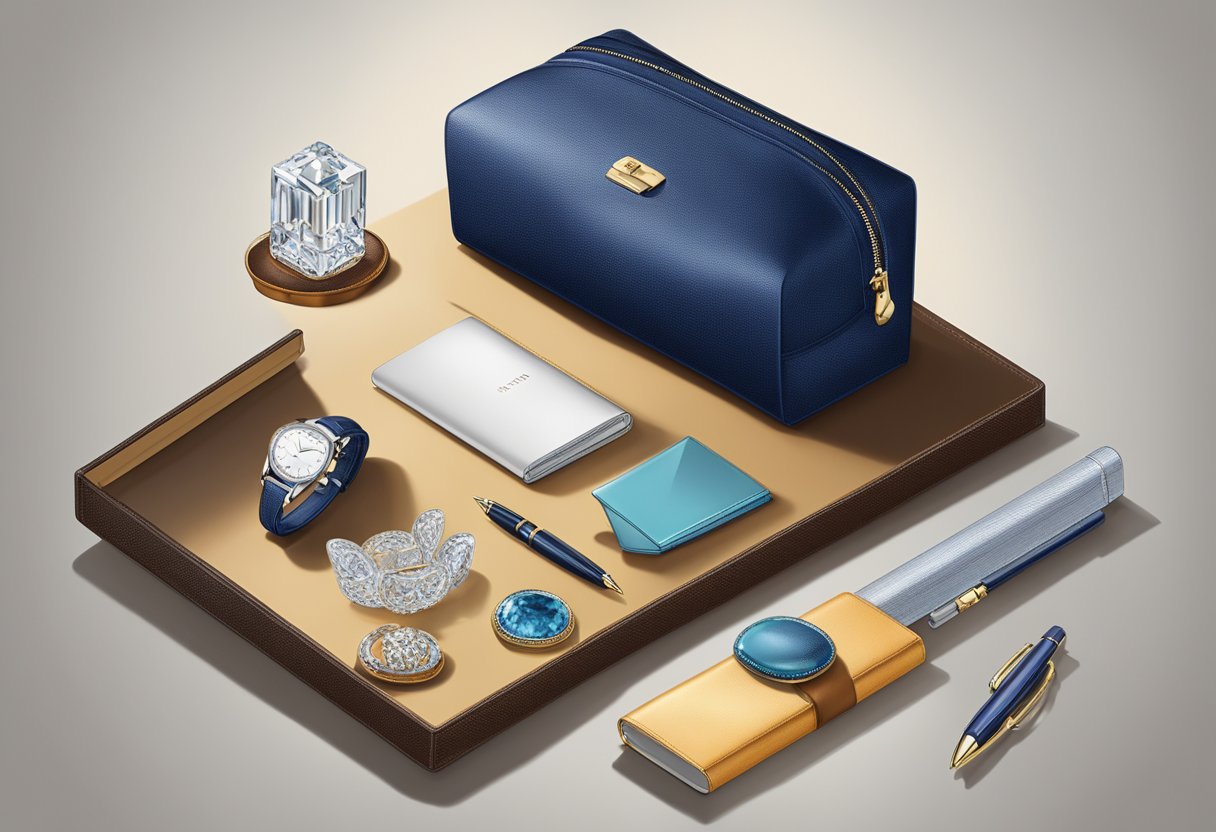 A table adorned with luxury gift items: engraved pens, leather portfolios, crystal paperweights, and elegant tech accessories