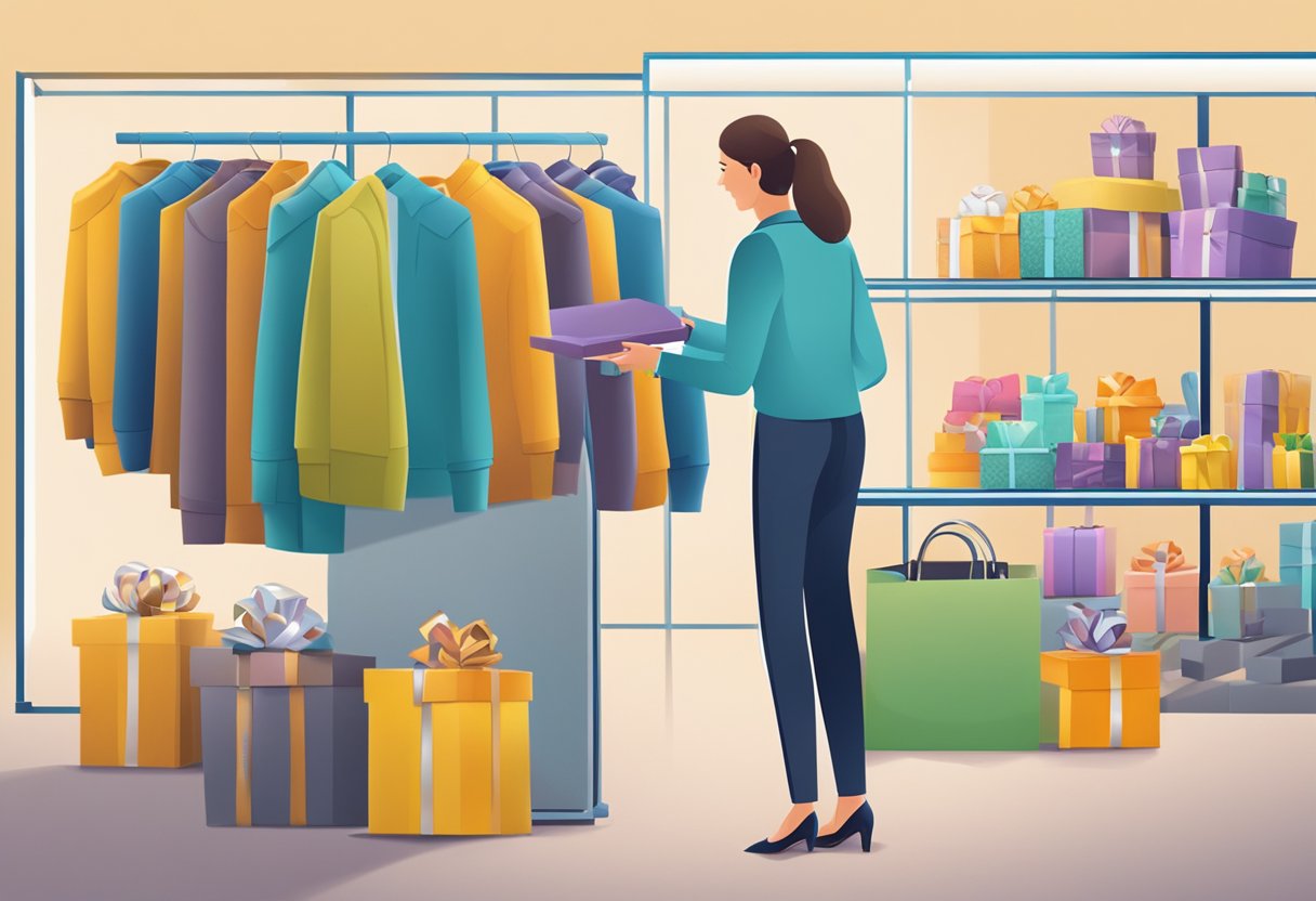 A person choosing corporate gifts from a display of items