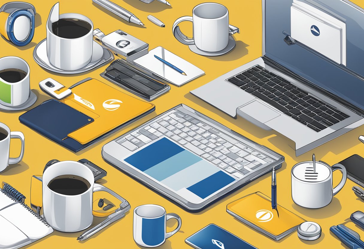 A table displaying various corporate & promotional gifts, including branded mugs, pens, and tech accessories, with a company logo prominently featured