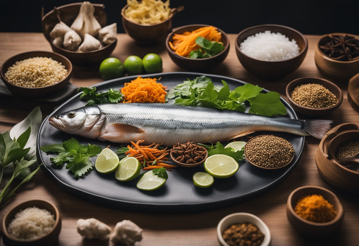 A long dan fish being prepared with traditional spices and herbs, surrounded by cultural artifacts and utensils