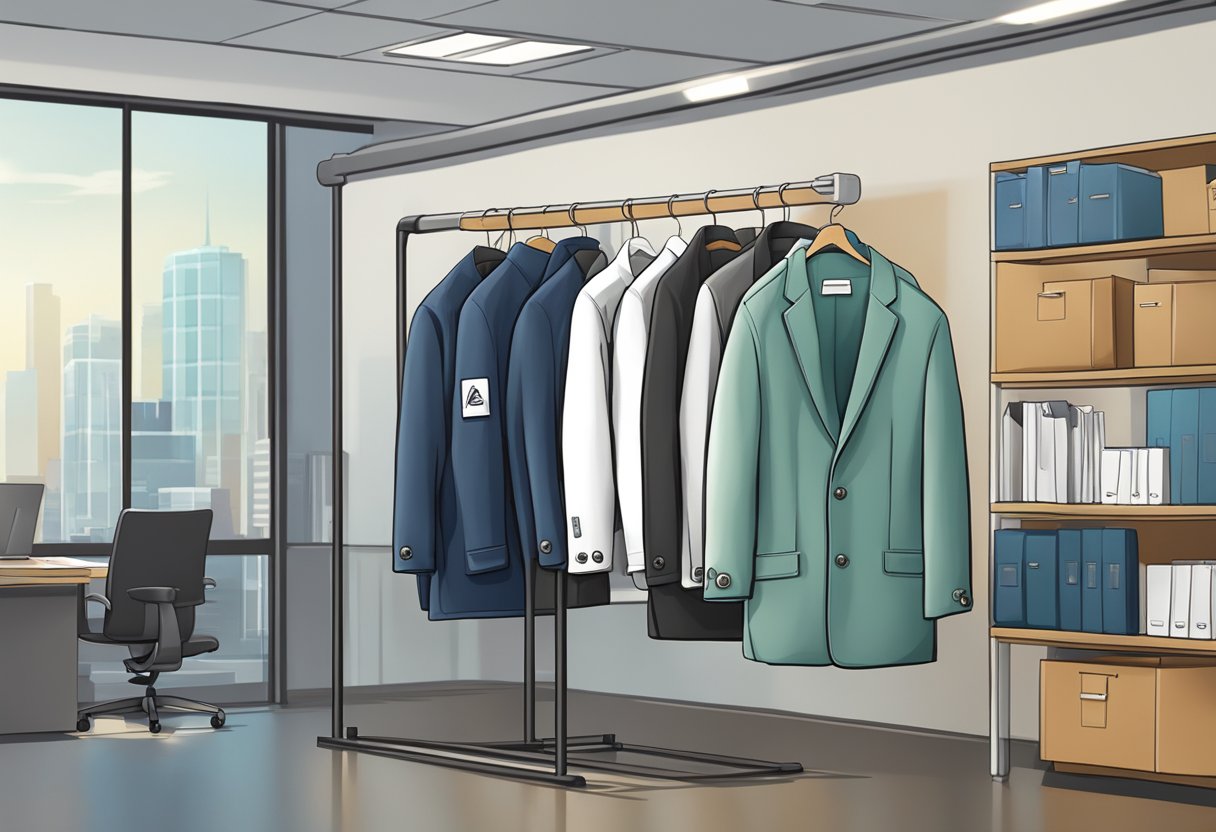 A corporate jacket with "Frequently Asked Questions" logo on the back, hanging on a coat rack in a modern office setting