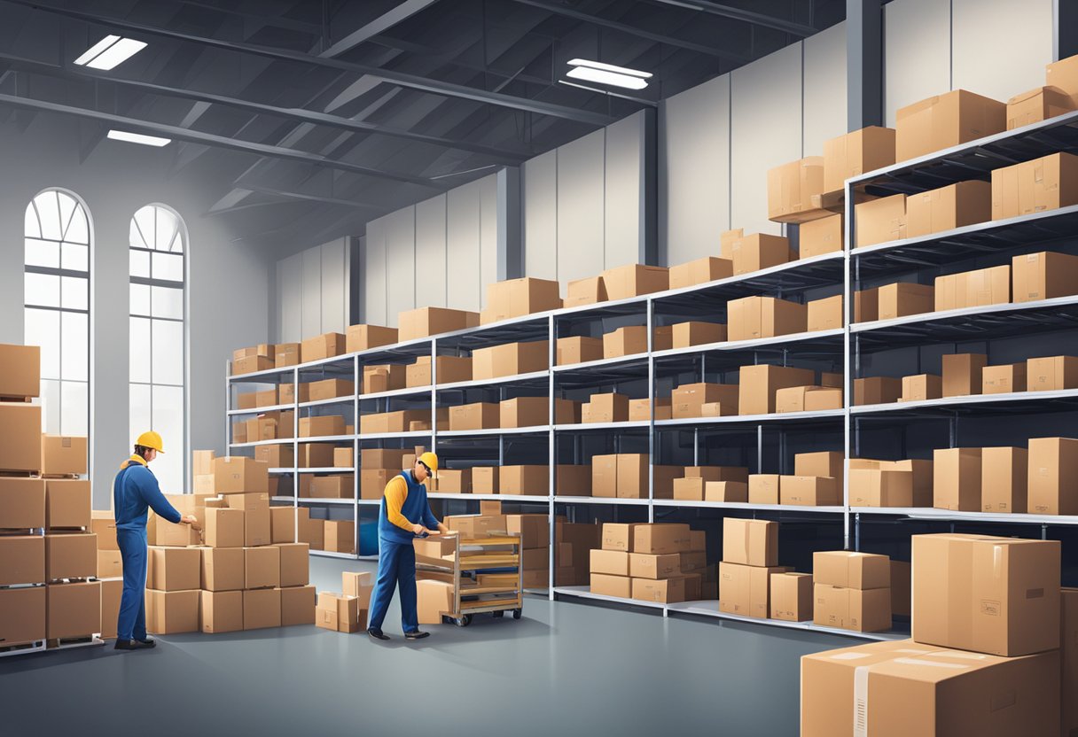 A warehouse with shelves of branded corporate gifts ready for shipment. Workers packing boxes and loading them onto delivery trucks