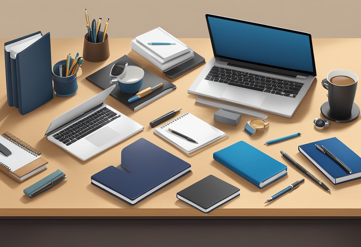 A sleek office desk with a variety of high-quality corporate gifts displayed, including leather-bound notebooks, elegant pens, and personalized tech accessories