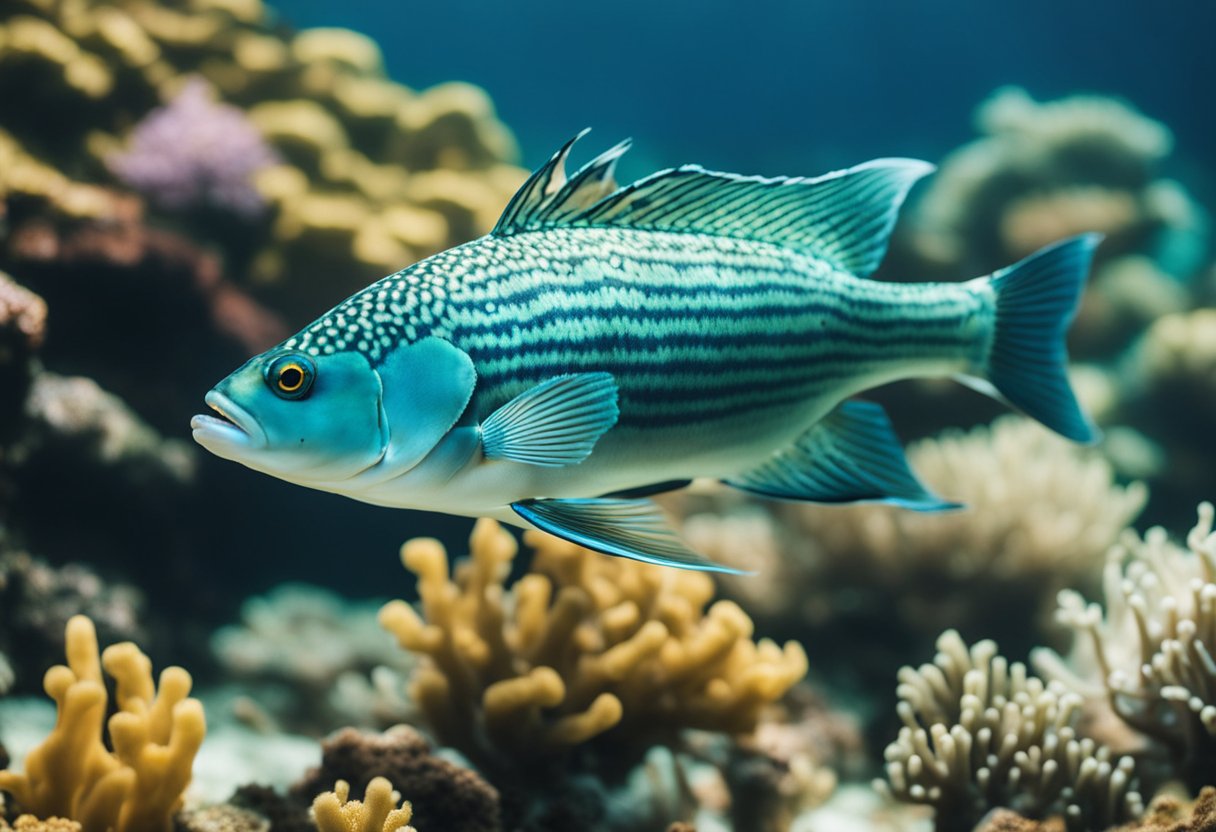 A long dan fish swimming among coral and seaweed in a vibrant ocean reef