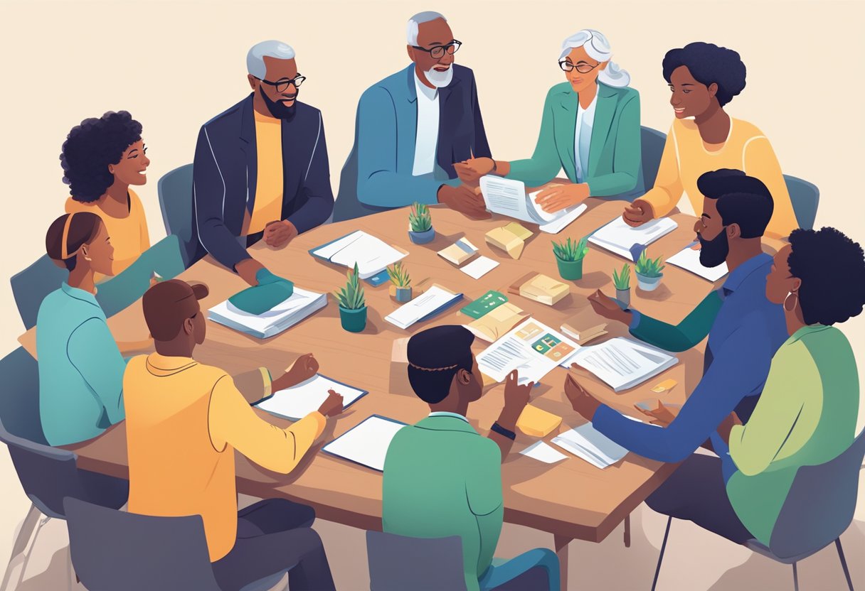 A diverse group of people of all ages gather around a table, exchanging corporate gifts and asking questions