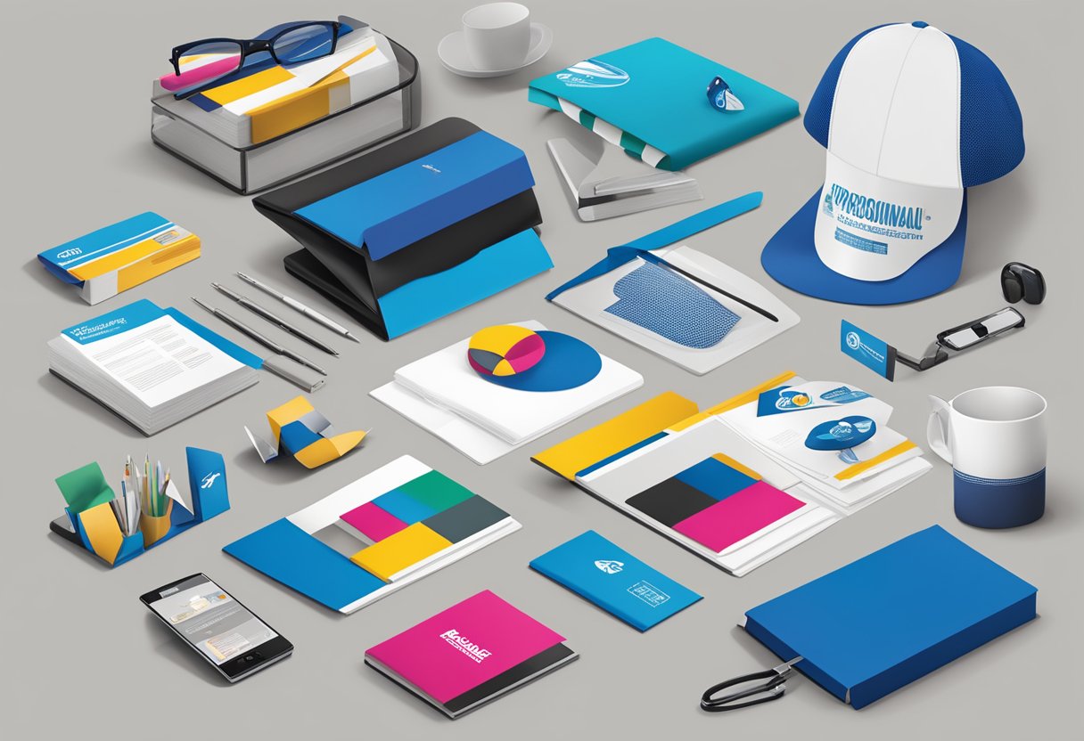 A table with various corporate and promotional gifts displayed, including branded items and informational brochures