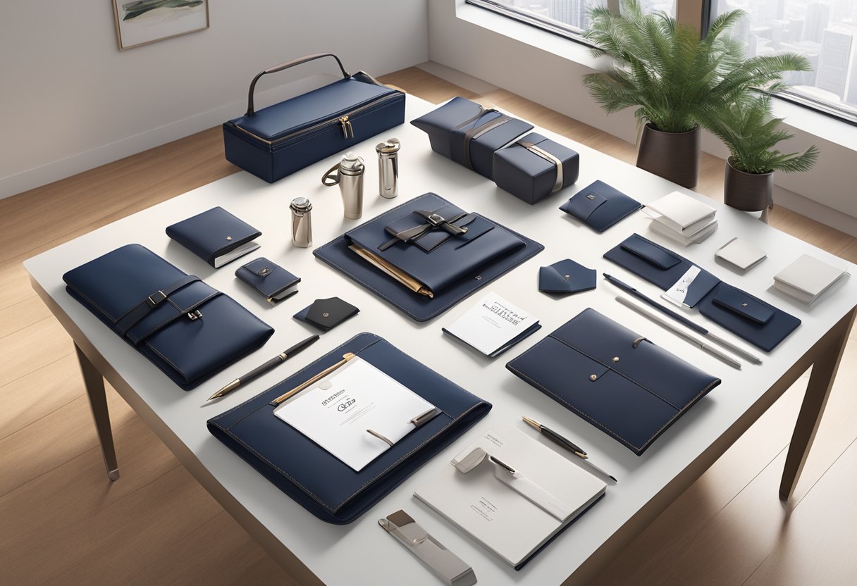 A table displaying a variety of high-quality corporate gifts, including branded pens, leather portfolios, and elegant gift baskets. Displayed in a modern, well-lit showroom